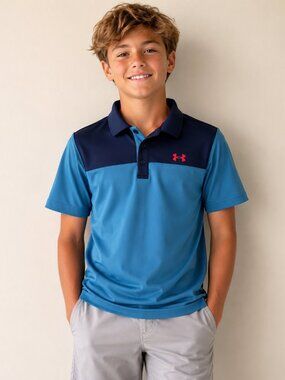 Under Armour HeatGear Youth XL Blue & Navy Golf Polo Shirt YXL
